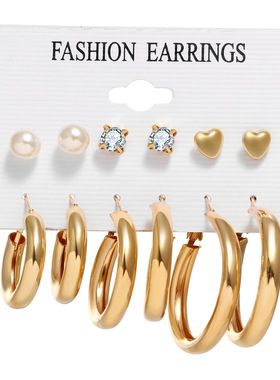 欧美耳环6件套女夸张几何珍珠镶钻耳饰套装earring