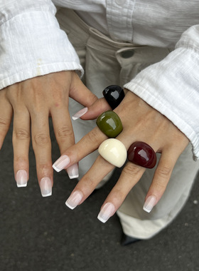 欧美饰品 ins透明彩色树脂戒指 小众复古叠戴弧形宽面指环戒