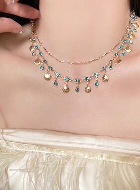 海洋之恋~双层贝壳锆石项链女叠戴轻奢小众流苏锁骨链饰品