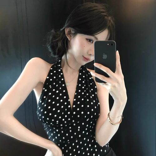 波点挂脖吊带背心女夏季纯欲辣妹性感v领无袖抹胸小上衣泰式绝美 - 图1