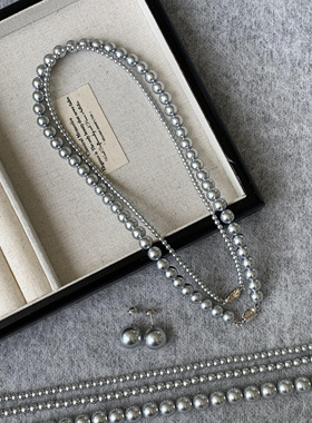 925银真多麻灰珠项链复古法式高级感铂金灰锁骨链轻奢高级灰珍珠