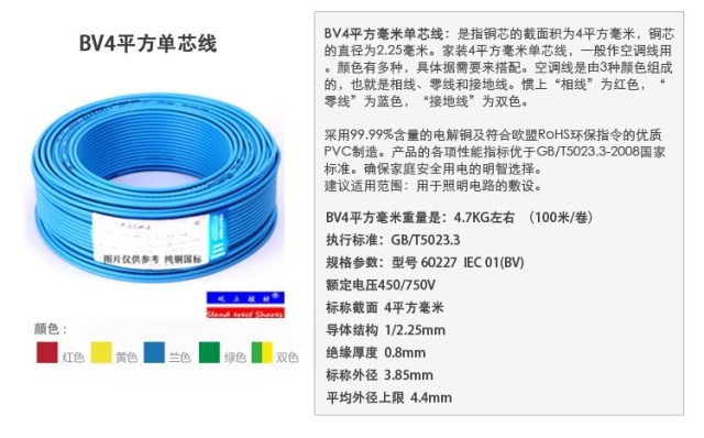 核材标准 屹立牌国标电线BV4平方 单芯铜芯 家用电线 多色选100米 - 图0