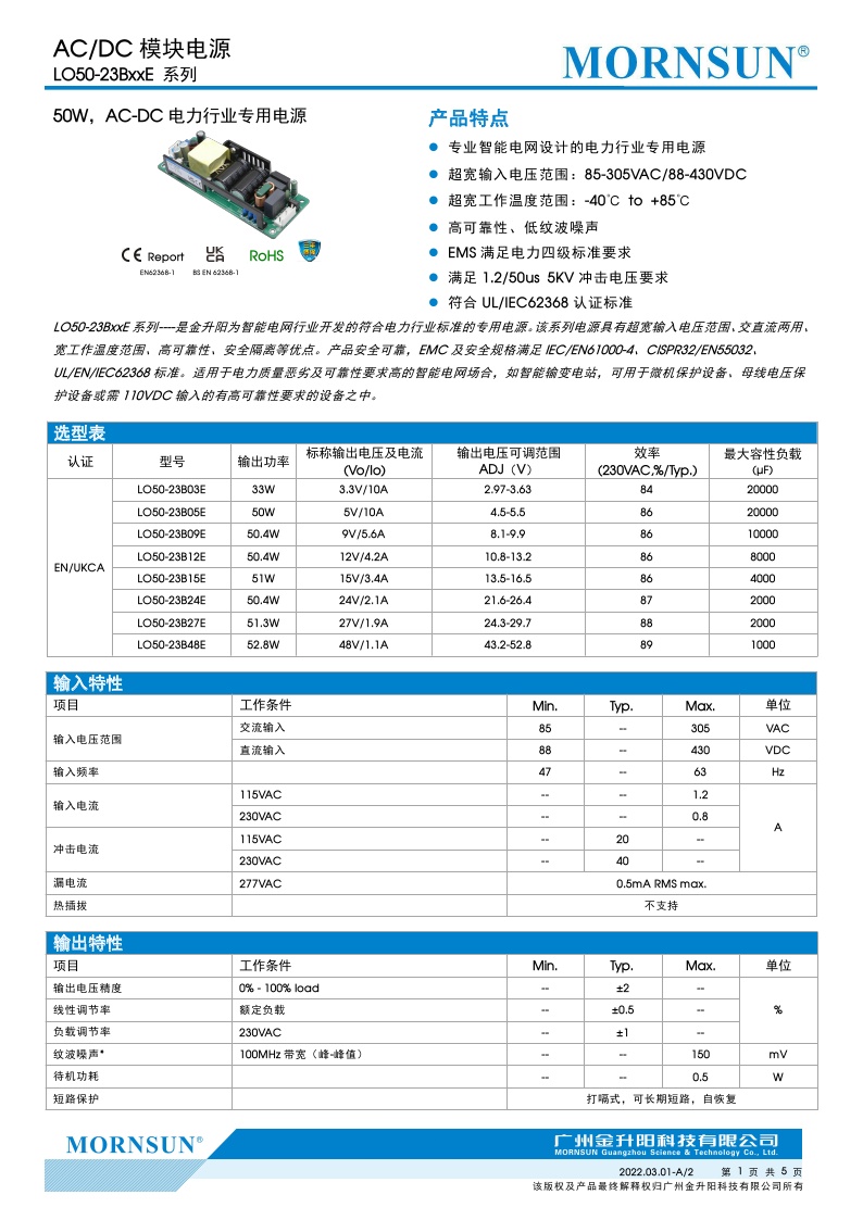 LO50-23B12E/03/05/09/15/24/27/48 50W高品质 AC-DC电力电源-图2