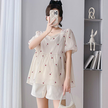 ແມ່ຍິງຖືພາ 2023 New Summer Clothes Square Collar Temperament Age Reduction Floral Doll Shirt Tops Loose Summer Two-piece Set for Pregnant Women