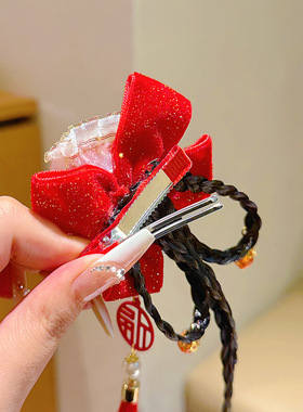 马年红色新年儿童发夹女童假发辫子蝴蝶结发饰过年喜庆拜年服头饰
