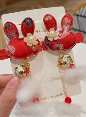 儿童新年汉服头饰古风流苏铃铛发卡宝宝公主过年中国风毛球发饰