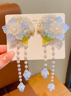 古装儿童汉服发夹头饰网红步摇古风花蓝发卡流苏超仙夹子飘带对夹