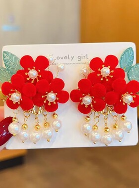 女童古风汉服头饰喜红儿童毛球兔耳对夹宝宝新年发夹古装拜年发夹