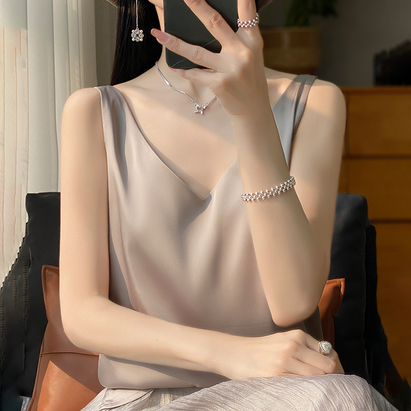 真丝吊带背心女内搭西装夏季纯色打底衫缎面仿桑蚕丝醋酸V领上衣
