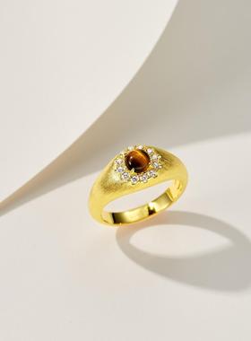 复古拉丝虎眼石方钻宽版戒指