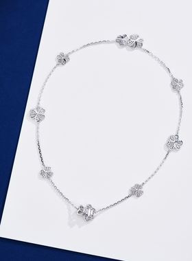 新版三叶花满钻9花钻石项链高端高级感名媛气质晚宴925银镀金项链