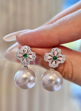 纯银镀白金镶嵌钻石祖母绿正圆强光施家珍珠吊坠新中式送妈妈礼物