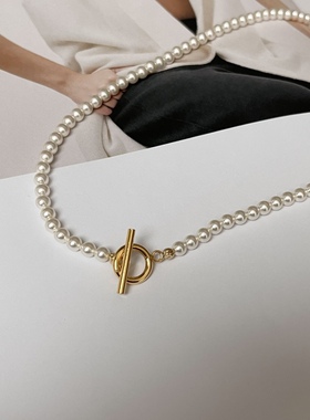 正圆小米珠珍珠项链纯银镀金ot扣