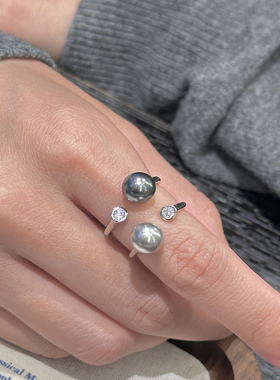 新品S925纯银akoya质感大溪地真多麻施家珍珠正圆镶嵌钻戒指尾戒