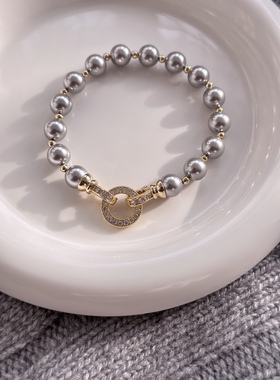 真多麻色珍珠手链 进口施家铂金灰 美国包金金珠 铜镀18K金钻扣