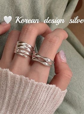 韩国档口小众设计 S925纯银双层光面戒指 日常高级简约开口指环女