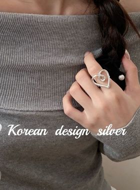 日系韩版ins风设计饰品 S925纯银设计款爱心戒指开口可调节指环女