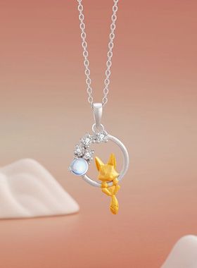 小狐狸纯银925项链女国潮新年款花朵琉璃石锁骨链ins风狐仙吊坠