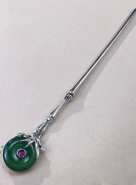 新款S925银气质新中式竹节20mm玉髓发簪现代简约古风项链生日礼物