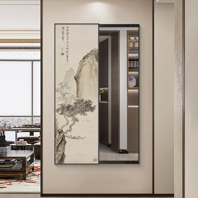 暗藏式推拉镜全身入户玄关装饰画新中式镜子挂画平移式定制遮挡画