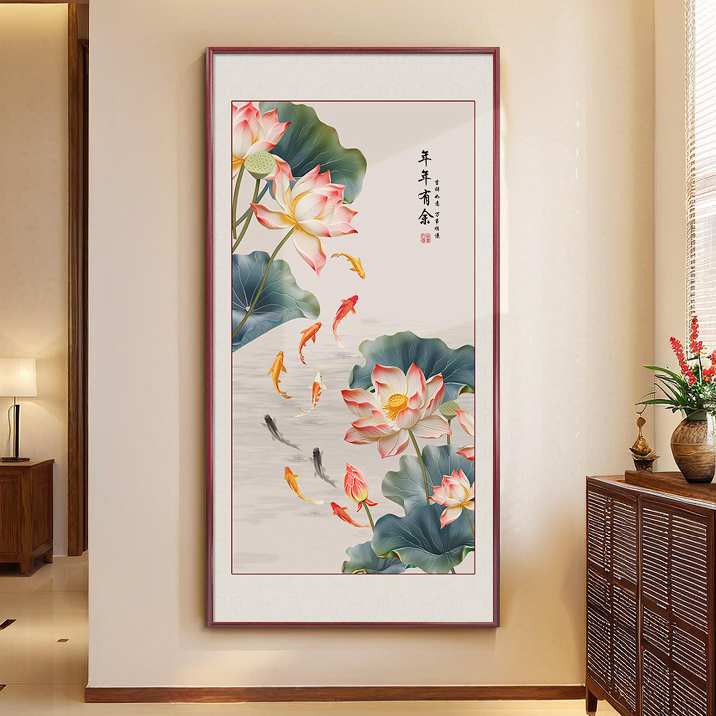 九鱼聚财图入户玄关装饰画新中式纯手绘走廊过道壁画荷花国画挂画