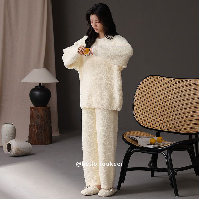 睡衣女秋冬季新款暖暖超舒适半边绒保暖宽松软绵绵纯色家居服套装