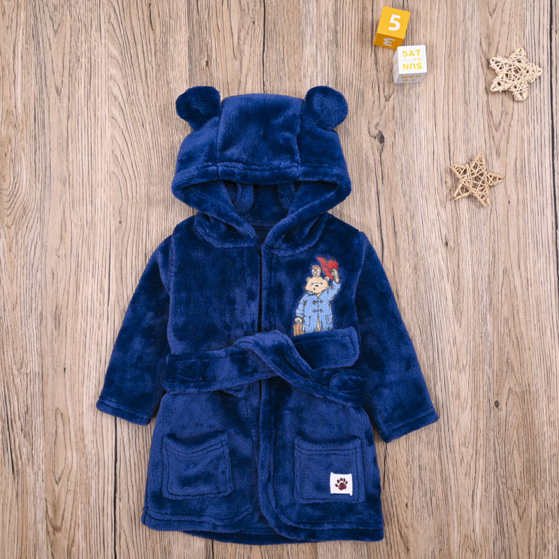 外贸欧美 男宝春秋纯棉长袖T恤上衣家居长裤连帽毛绒睡袍三件套装 - 图0