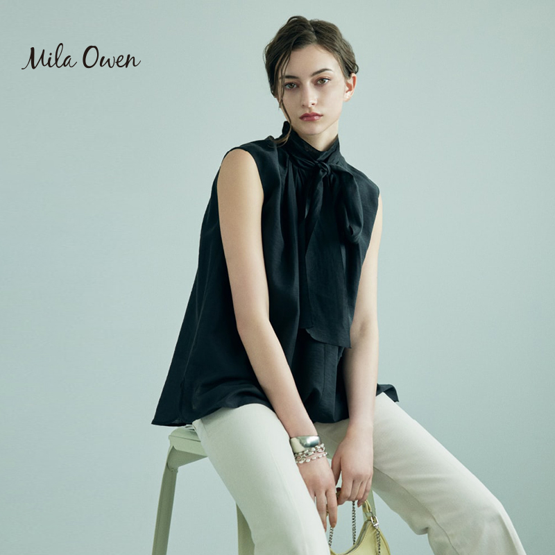 Mila Owen 2023夏季新款气质正反两穿蝴蝶结飞袖衬衫09WFB234916 - 图1