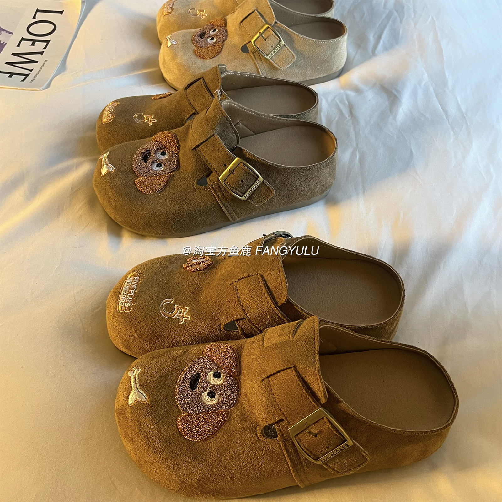 方鱼鹿 可爱刺绣厚底勃肯拖鞋女2025秋季百搭一脚蹬包头懒人鞋ins,淘宝优惠券,粉丝福利购,淘宝优惠卷