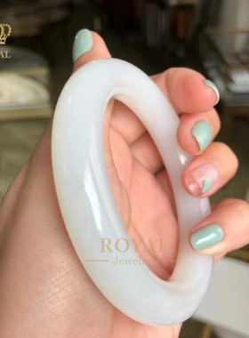 ROYAL珠宝新疆和田玉籽料手镯羊脂白玉精品正圆条带皮送长辈礼物