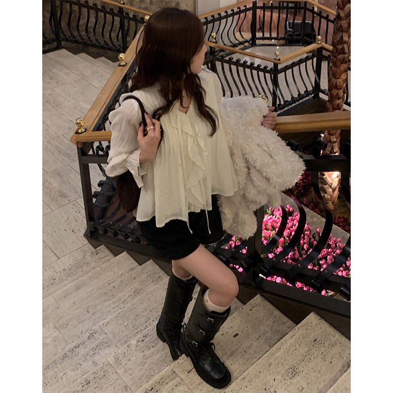 温柔风洋气甜美显瘦百搭长袖V领荷叶边绑带褶皱娃娃衫衬衫上衣女,淘宝优惠券,粉丝福利购,淘宝优惠卷