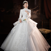 Long sleeves winter thickened wedding dress 2023 new bridal main yarn French style light small children out of the door yarn advanced senses