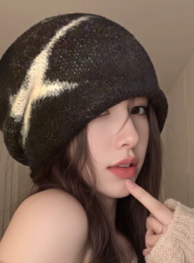含羊毛美式复古五角星套头针织帽女秋冬韩版街头