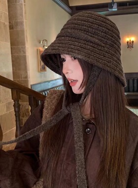 秋冬系带针织渔夫帽女氛围感蝴蝶结盆帽保暖护耳显脸小复古毛线帽