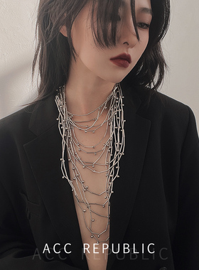 原创设计重工夸张多层流苏长链条高级时尚走秀款细闪瀑布银河项链