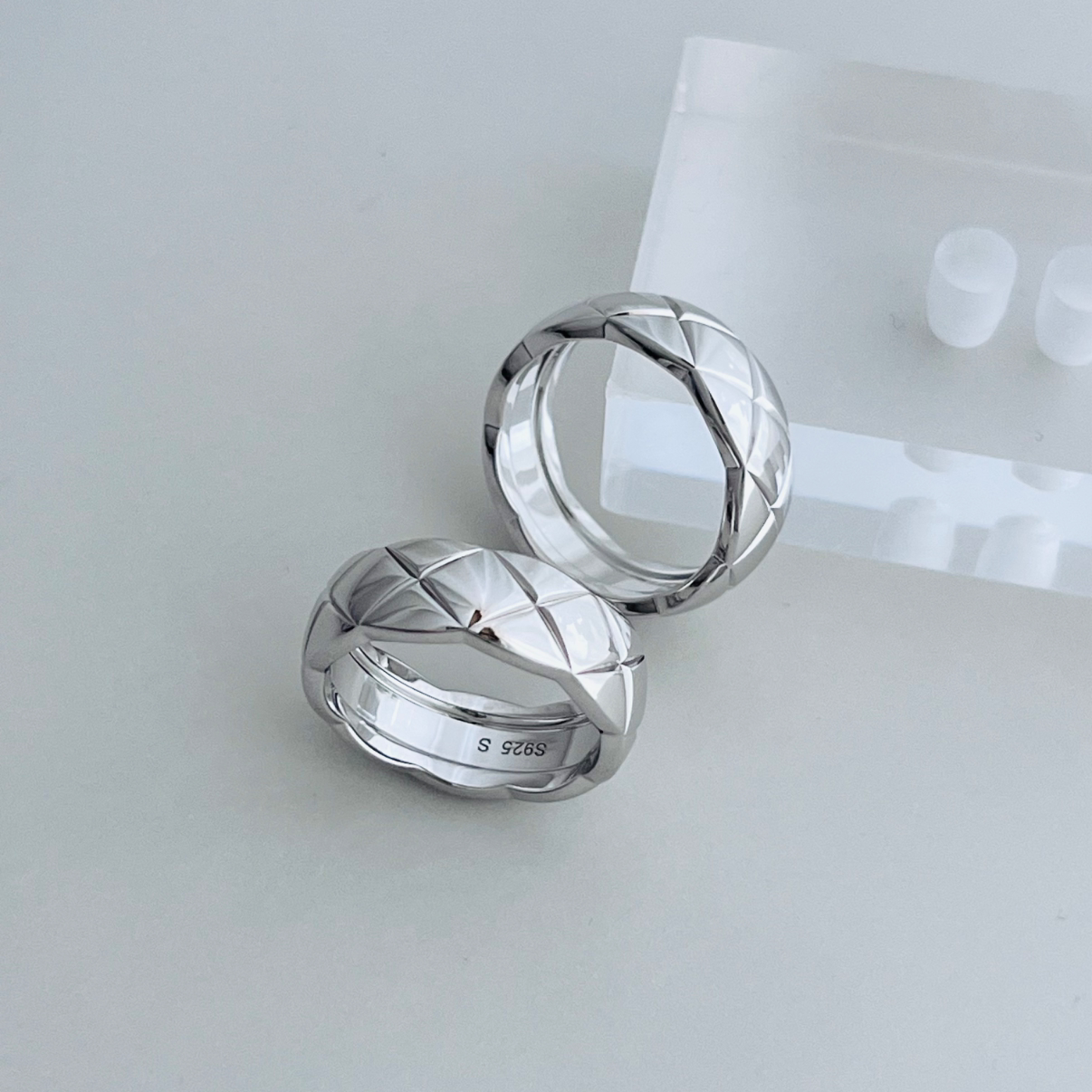 High-end S925 all-over sterling silver rhombus ring for women, light luxury, high-end, small fragrance ring