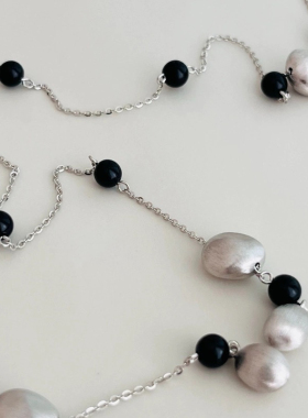 设计师高定款S925通体纯银拉丝镀白金黑玛瑙串珠项链高级感毛衣链