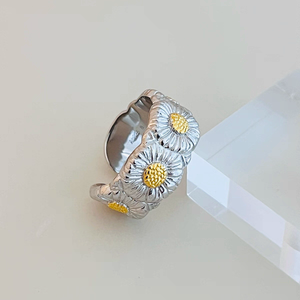 Designer high-end S925 all-over sterling silver daisy ring retro fashion heavy industry geometric mesh open ring