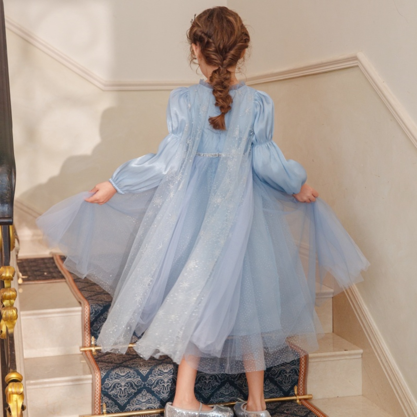 女童艾莎公主裙冬装圣诞连衣裙冰雪奇缘小女孩生日高端礼服裙披风 - 图1