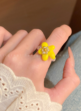 多巴胺彩色花朵串珠戒指女清晰小众独特设计食指戒夏日度假风指环
