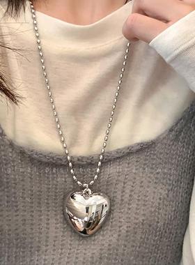 韩国博主银色金属爱心米珠项链女简约小众高级长款配饰个性锁骨链