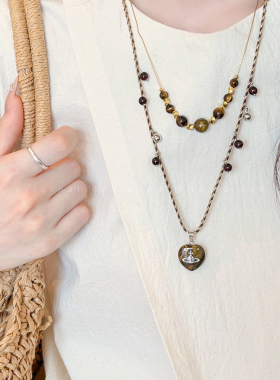 爱心虎眼石土星串珠项链女款早秋美拉德气质高级感长款毛衣链配饰