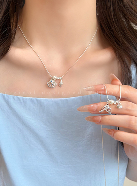 蓝色闪锆鱼尾项链女小众独特设计锁骨链海边度假风氛围感颈链配饰