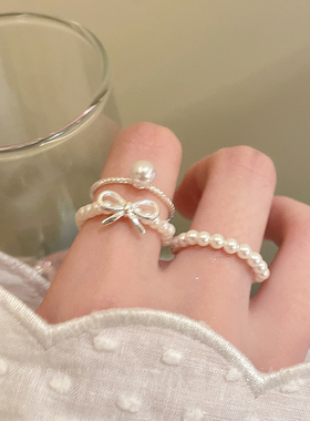 蝴蝶结珍珠叠戴戒指女轻奢高级感精致食指戒ins小众独特设计指环