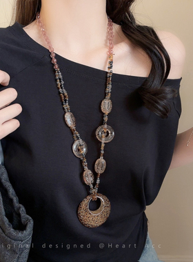 古早涩谷辣妹豹纹串珠项链女y2k亚文化锁骨链复古小众长款配饰品