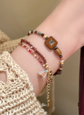 雅丹风彩色小米珠串珠手链女款民族风叠戴手串美拉德复古手饰配饰