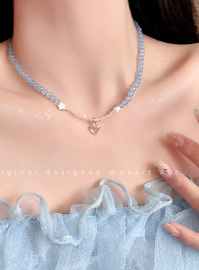 蓝色系~纯欲风串珠蝴蝶结小花项链女2025新款小众设计锁骨链颈链