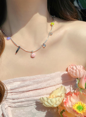 奶油郁金香彩色串珠海星蘑菇项链女小众独特度假风锁骨链时髦颈链