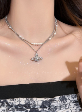 西太后土星珍珠项链女双层叠戴高级感锁骨链轻奢小众设计颈链配饰