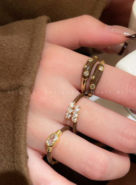 美拉德焦糖锆石开口戒指女复古滴釉小众设计感食指戒百搭叠戴指环